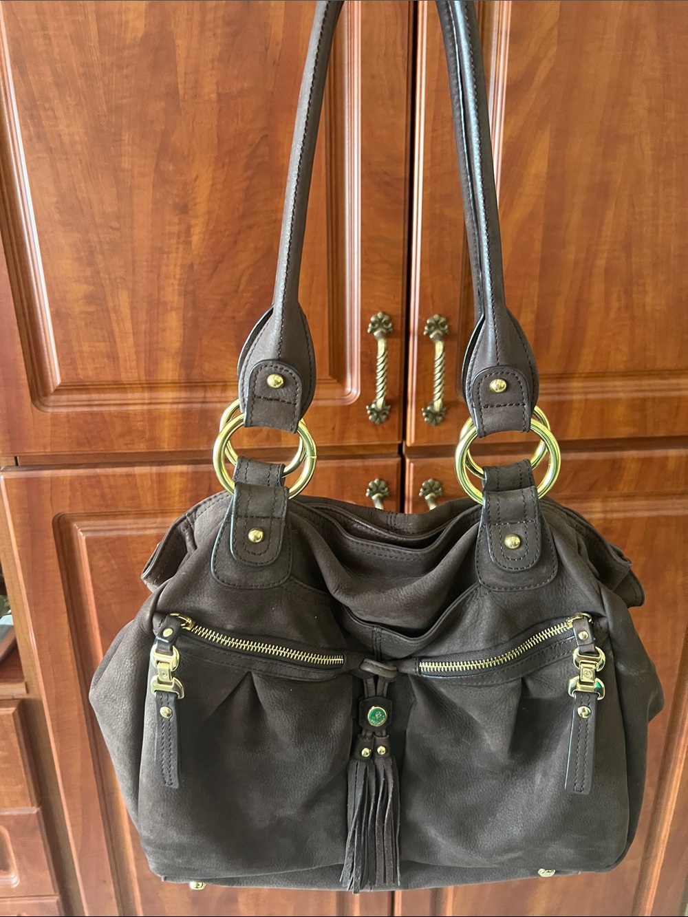 B. Makowsky Dark Brown Suede Shoulder Bag with Gold Hardware